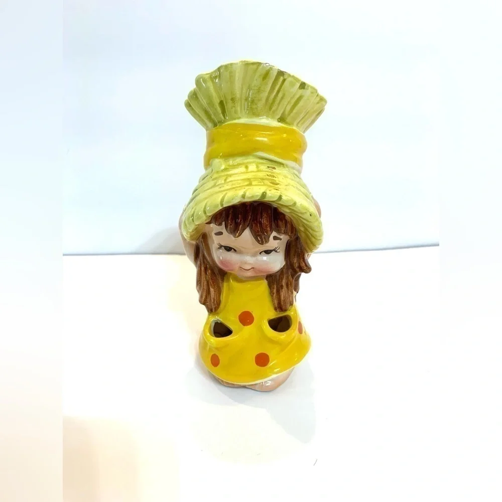VTG Lefton Girl Head Vase Yellow Polka Dot 1960’s *Chipped * Read! MCM Style